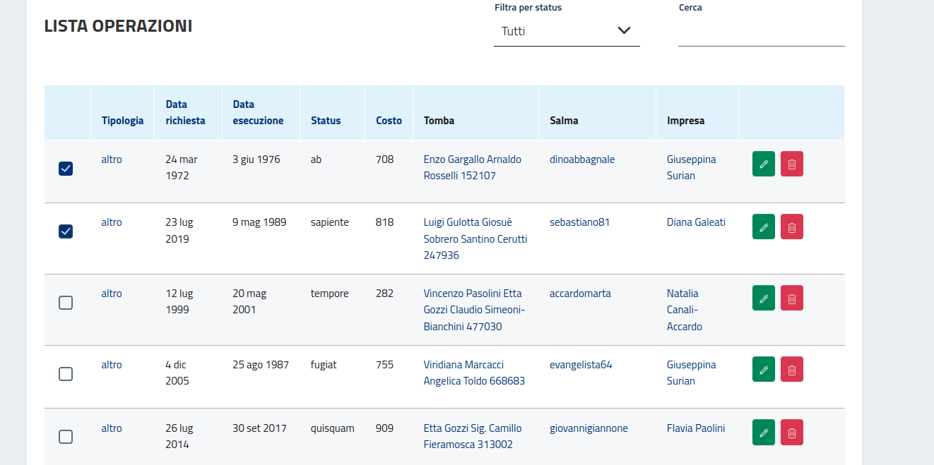 Schermata della tabella con selezione
