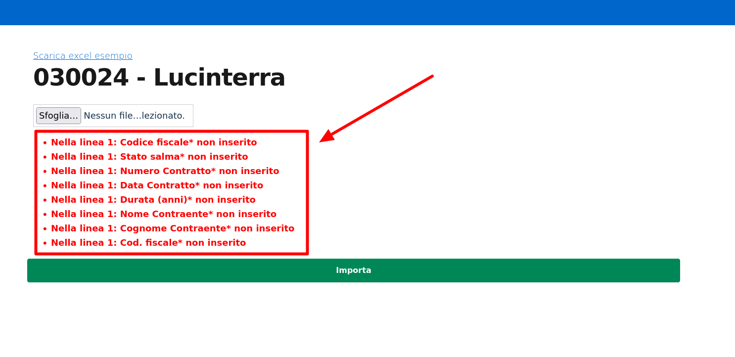 Schermata di errore di importazione