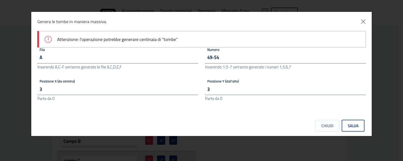 Finestra di configurazione delle tombe